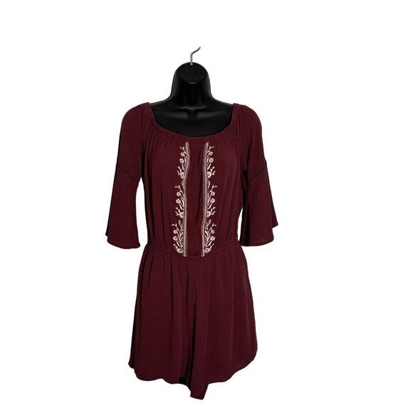 Maroon Love Fire Boho Romper With Embroidered Floral Design & Bell Sleeves - Picture 1 of 12